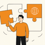 Illustration of a man in an orange sweater fitting an orange puzzle piece with a globe icon into a larger set of interlocking pieces, symbolizing brand integration in a hybrid digital-physical strategy.