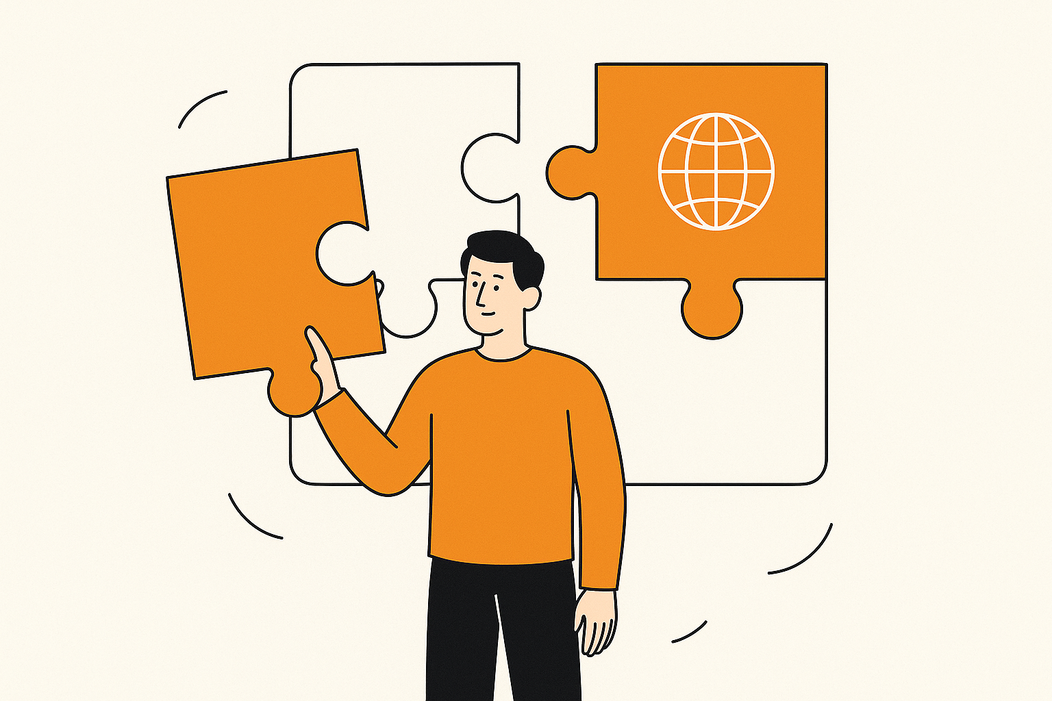 Illustration of a man in an orange sweater fitting an orange puzzle piece with a globe icon into a larger set of interlocking pieces, symbolizing brand integration in a hybrid digital-physical strategy.