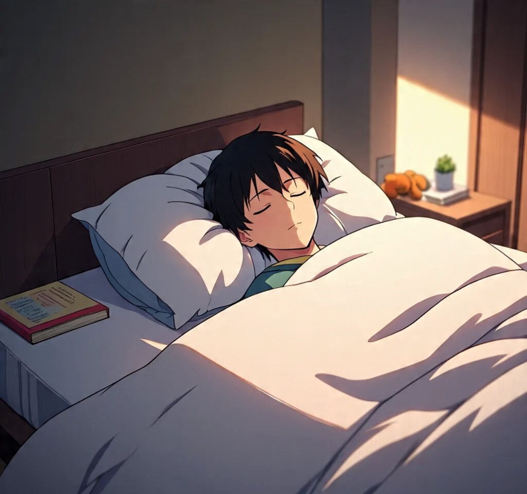 A peaceful person sleeps soundly in a cozy, warmly lit bedroom with a soft blanket, a book on the bedside table, and gentle light filtering in—evoking calm, rest, and good sleep hygiene.