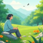 A peaceful person sits barefoot on a rock in a sunny meadow, surrounded by flowers and trees, gazing at birds flying over distant mountains—evoking calm, presence, and emotional clarity.