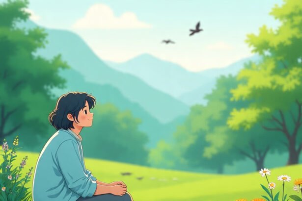 A peaceful person sits barefoot on a rock in a sunny meadow, surrounded by flowers and trees, gazing at birds flying over distant mountains—evoking calm, presence, and emotional clarity.