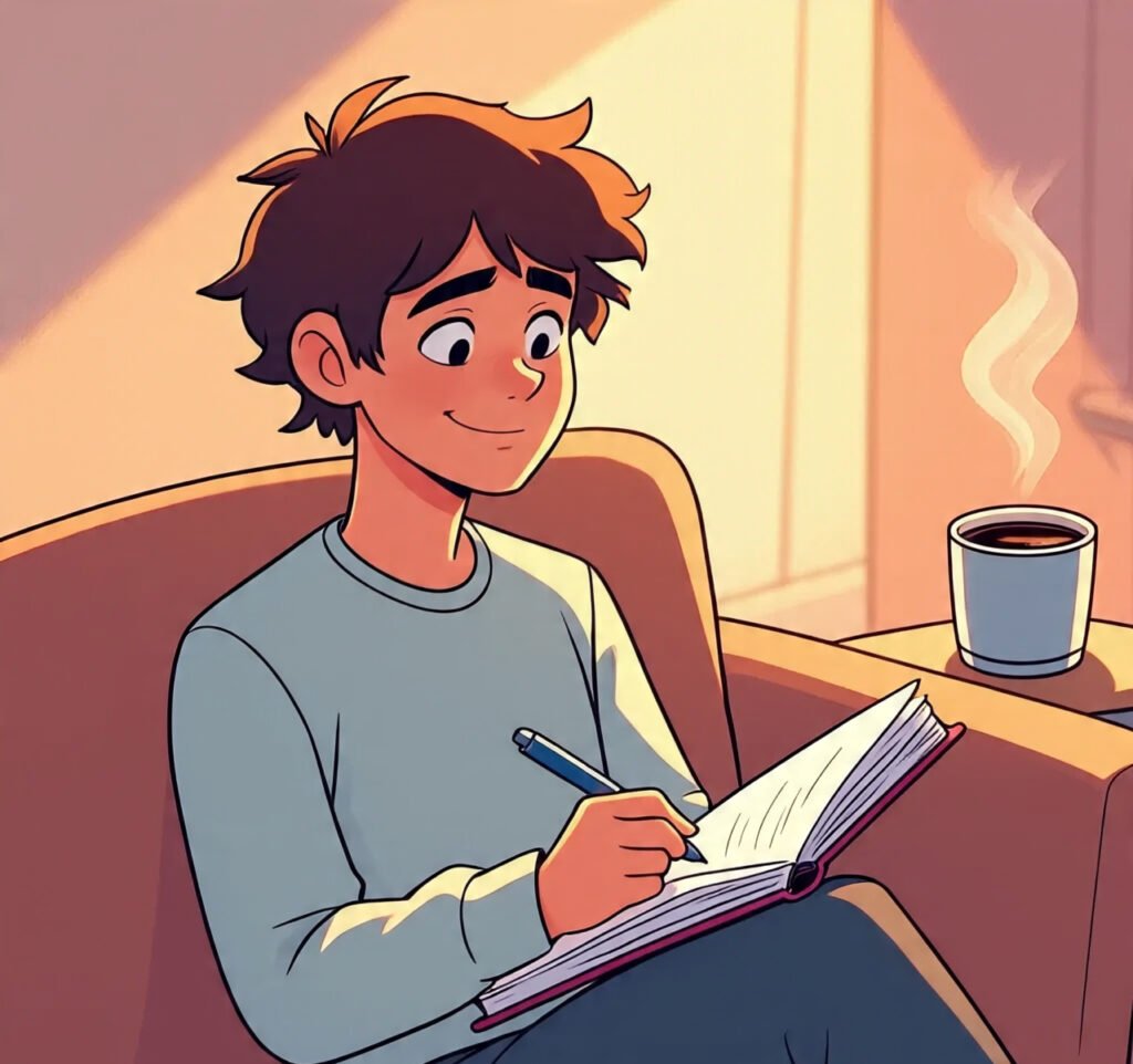 A relaxed person sits comfortably with a warm drink and writes in a journal, smiling softly in the golden light of a quiet room—capturing a moment of self-reflection and emotional clarity.