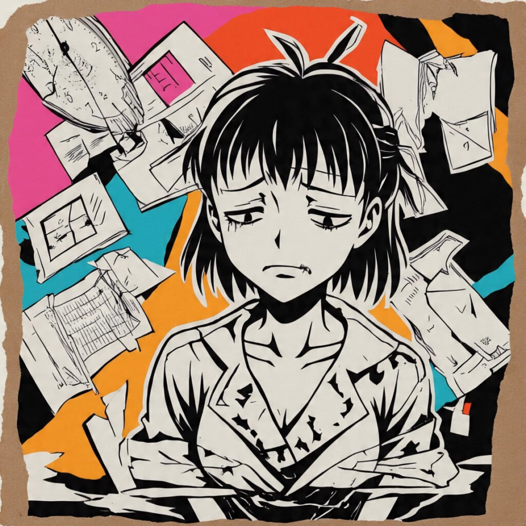A distressed girl with a weary expression sits overwhelmed, surrounded by torn papers, clocks, and scribbled notes—symbolizing emotional exhaustion and the chaos of ignored mental health.